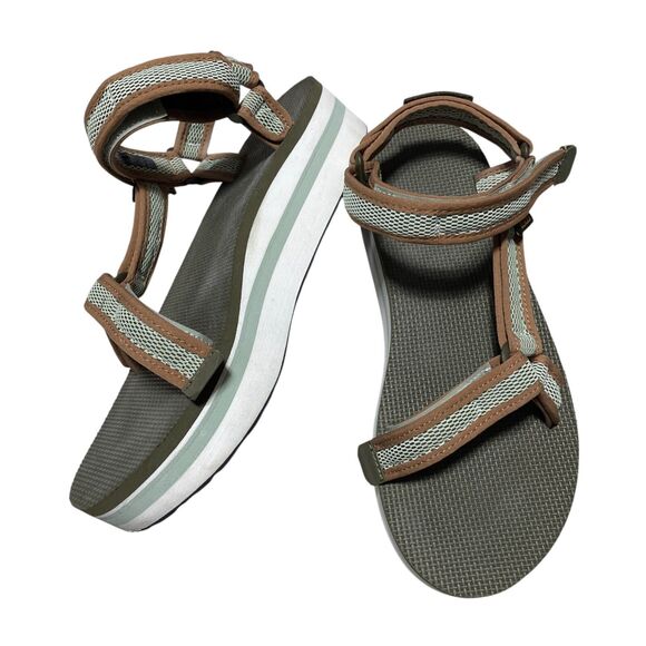 Teva Sandals 10 Flatform Universal Mesh Print Dark Olive Seafoam‎ 1 3/4 Heel - Picture 1 of 7